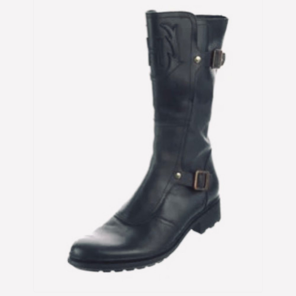HUNTER - Black Leather Moto Boots w/ Logo. Size 6.5